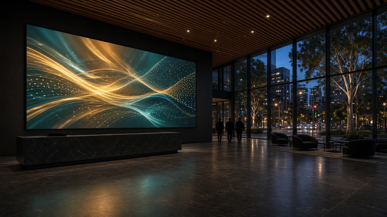 Large indoor LED canvas in a dim corporate lobby